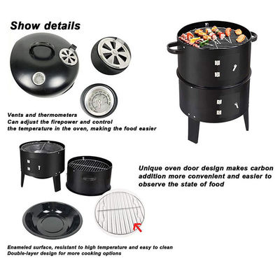 Black Stainless Steel Sokeless Charcoal Barbecue Grill 44*53*80cm Vertical 3 in 1 BBQ
