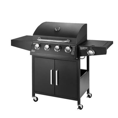 5 Burners Gas Grill Commercial Outdoor BBQ Machine with Trolley and Warming Grid