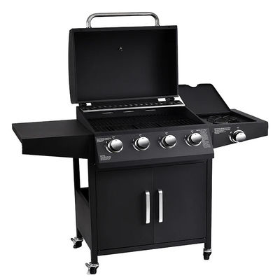 5 Burners Gas Grill Commercial Outdoor BBQ Machine with Trolley and Warming Grid